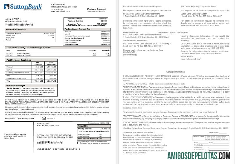 Declaração de hipoteca do USA Ohio Sutton Bank em formatos Word e PDF exemplo real